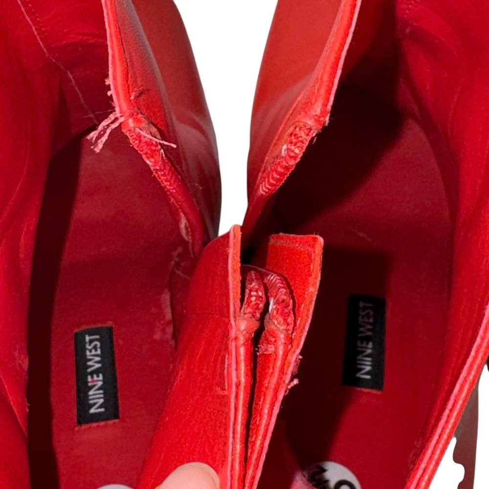 Nine West RED Leather Quitit Ankle Boots 4" Heels Pearl Safety Pin Accent 8.5M - Picture 9 of 11